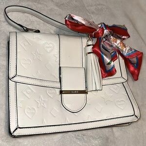 Aldo White Embossed Shoulder Bag with Red Scarf Accent